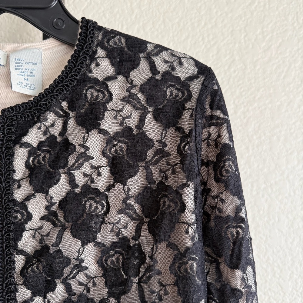 Black Floral Lace Sheer Cardigan Medium Long Sleeve Lightweight Romantic Top - Picture 5 of 9